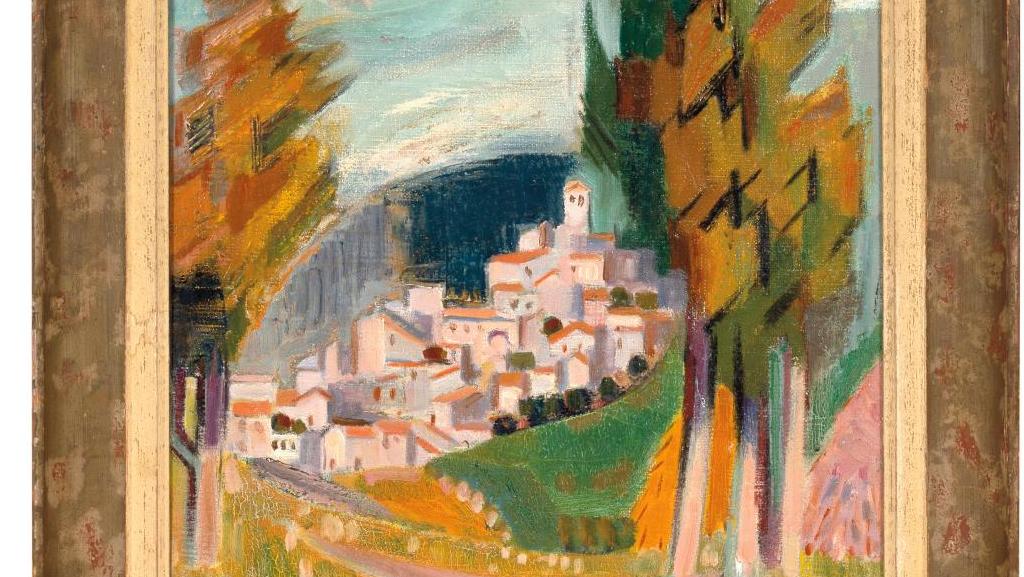 André Lhote (1885-1962), Arbres devant Mirmande, vers 1938, huile sur toile signée,... André Lhote sous le ciel de Mirmande