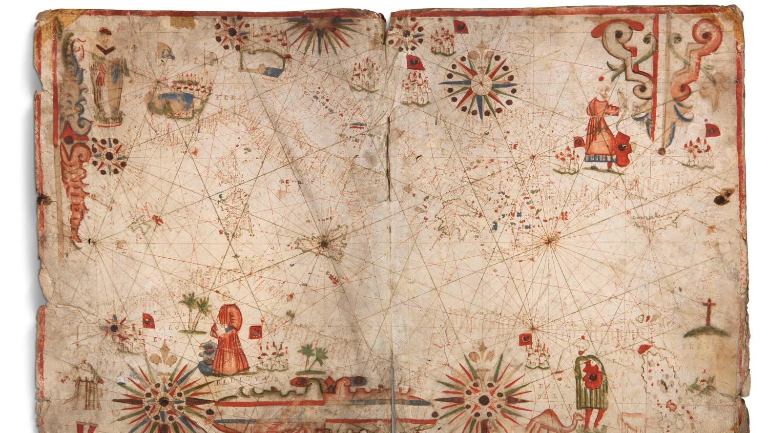 Italie, vers 1600-1640. Bifeuillet extrait d’un atlas nautique de la Méditerranée... Cartes sur table