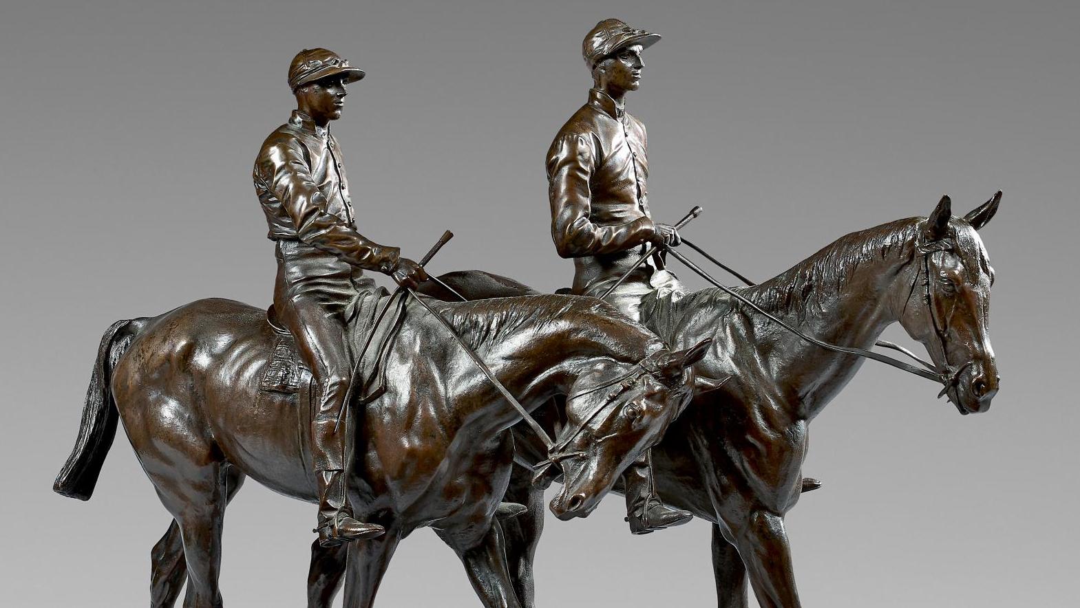 Emmanuel Frémiet (1824-1910), Deux chevaux de course montés par leurs jockeys, épreuve... À bride abattue