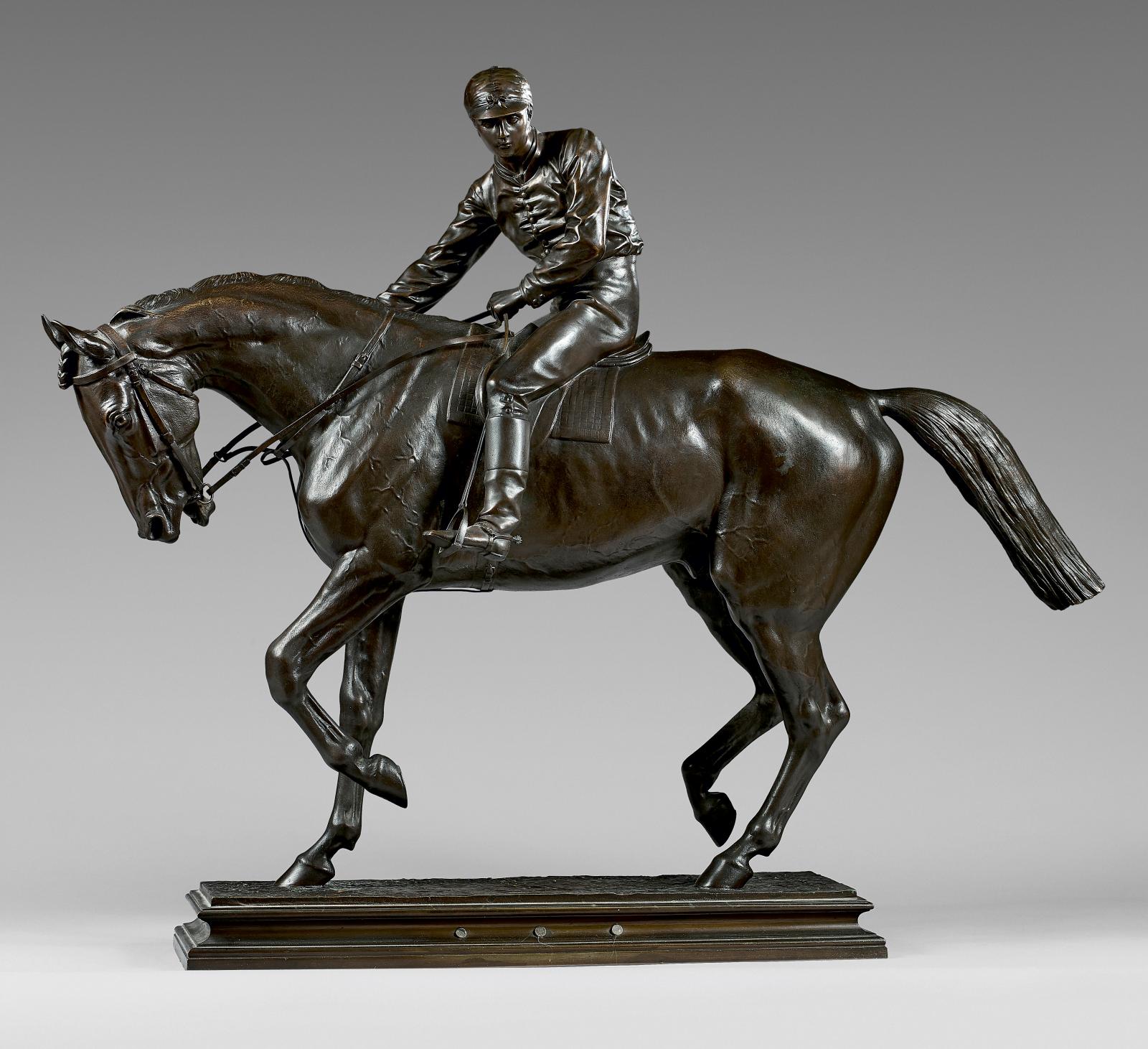 Isidore Bonheur (1827-1901), Le Grand Jockey, épreuve en bronze à patine médaille, base au naturel, contre-socle rectangulaire mouluré, 62 x 75 cm. Es