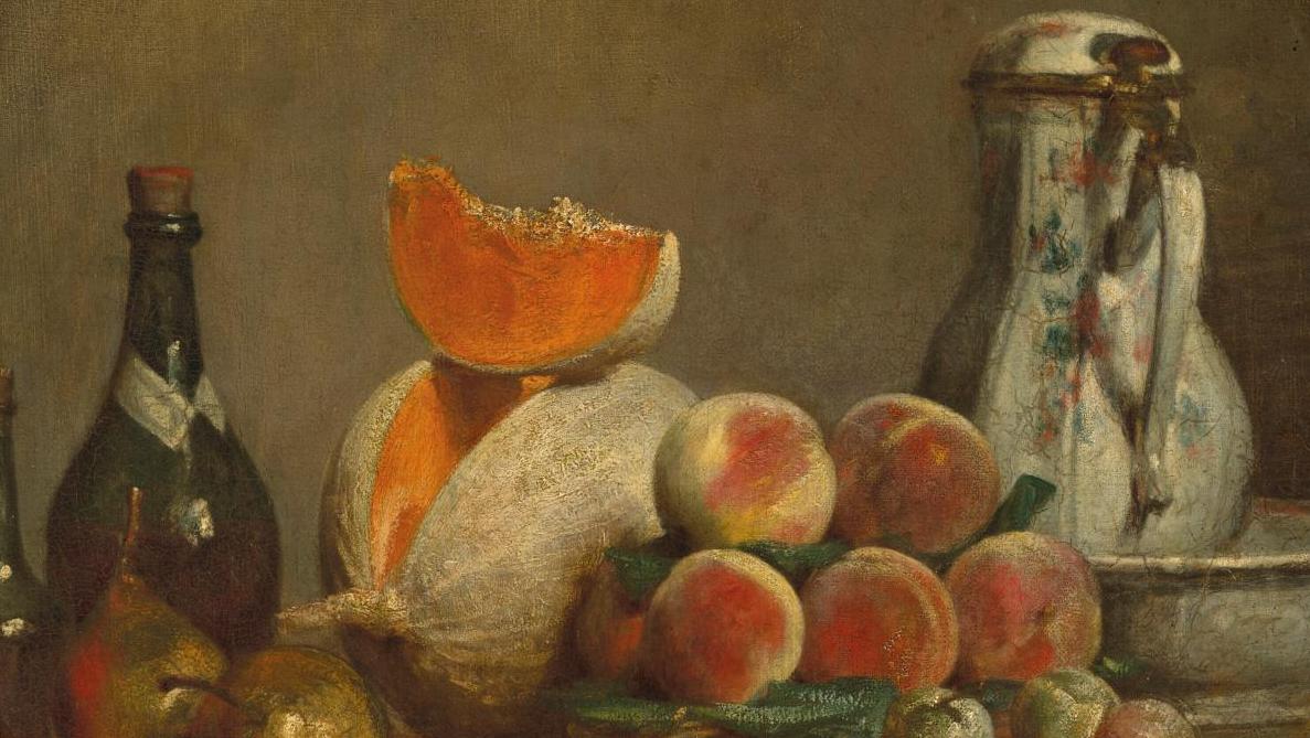 Jean-Siméon Chardin (1699-1779), Le melon entamé, 1760, huile sur toile ovale, signée... Jean-Siméon Chardin, un melon bien tranché