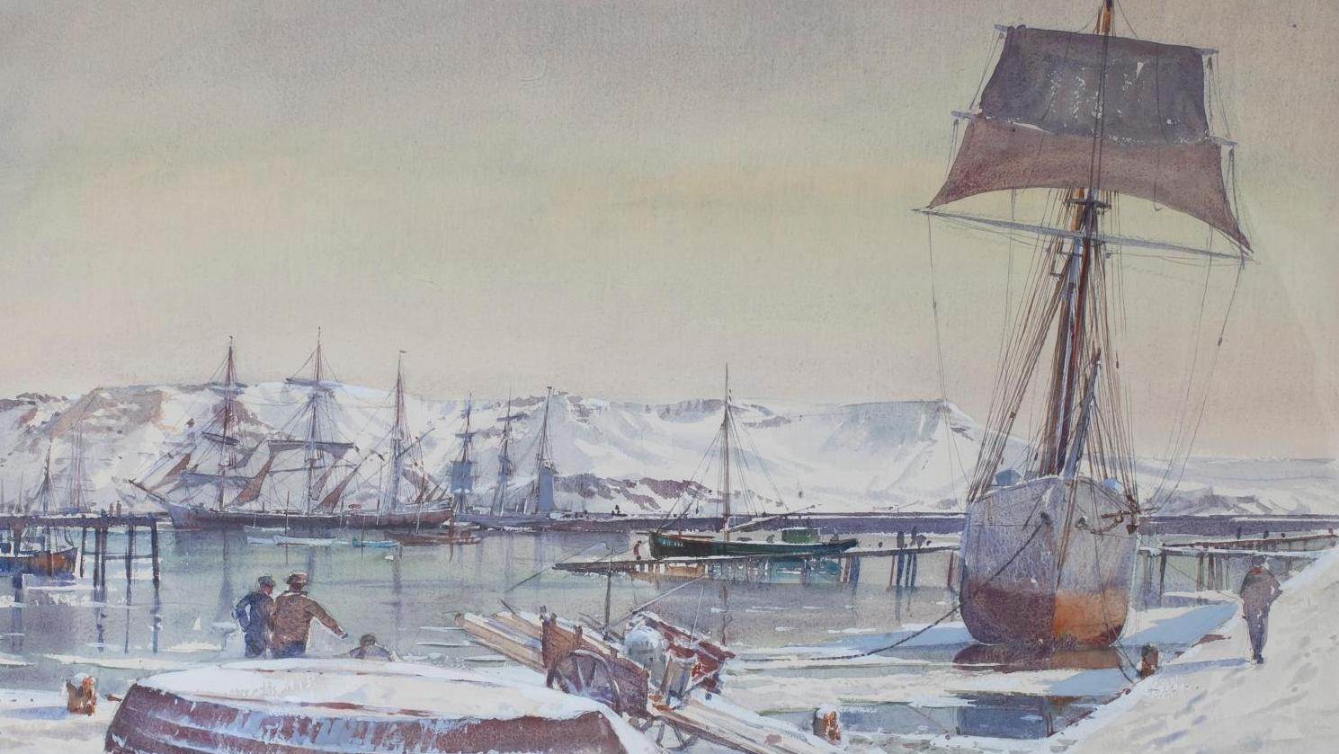 Marin de Saint-Front (dit Marin-Marie 1901-1987), Mouillage en Antarctique, aquarelle,... Marin-Marie fait une pause