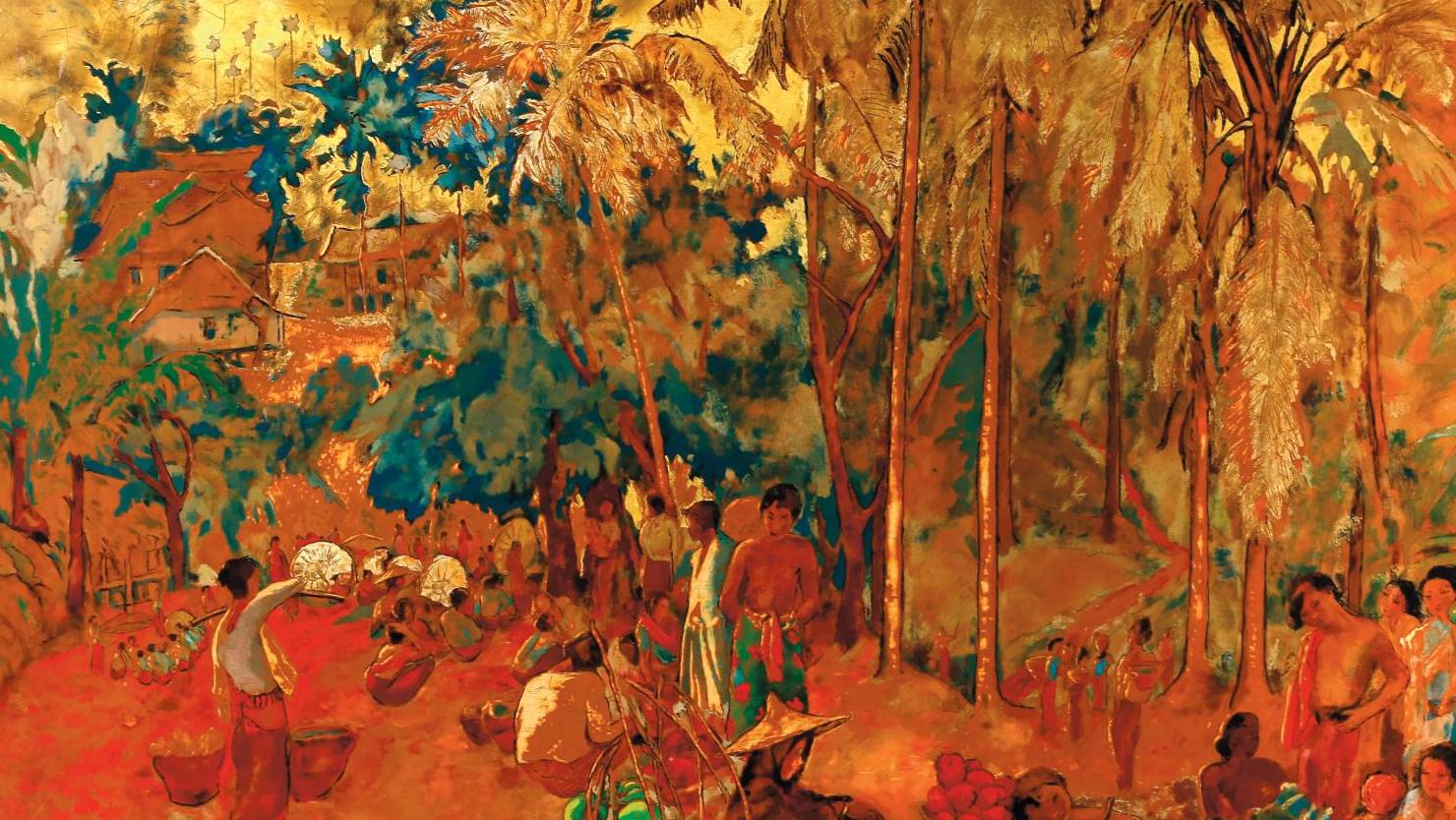 Alix Aymé (1894-1989), Marché au Vietnam, laque et rehauts d’or sur panneau, 50 x... Flamboyant Vietnam d'Alix Aymé