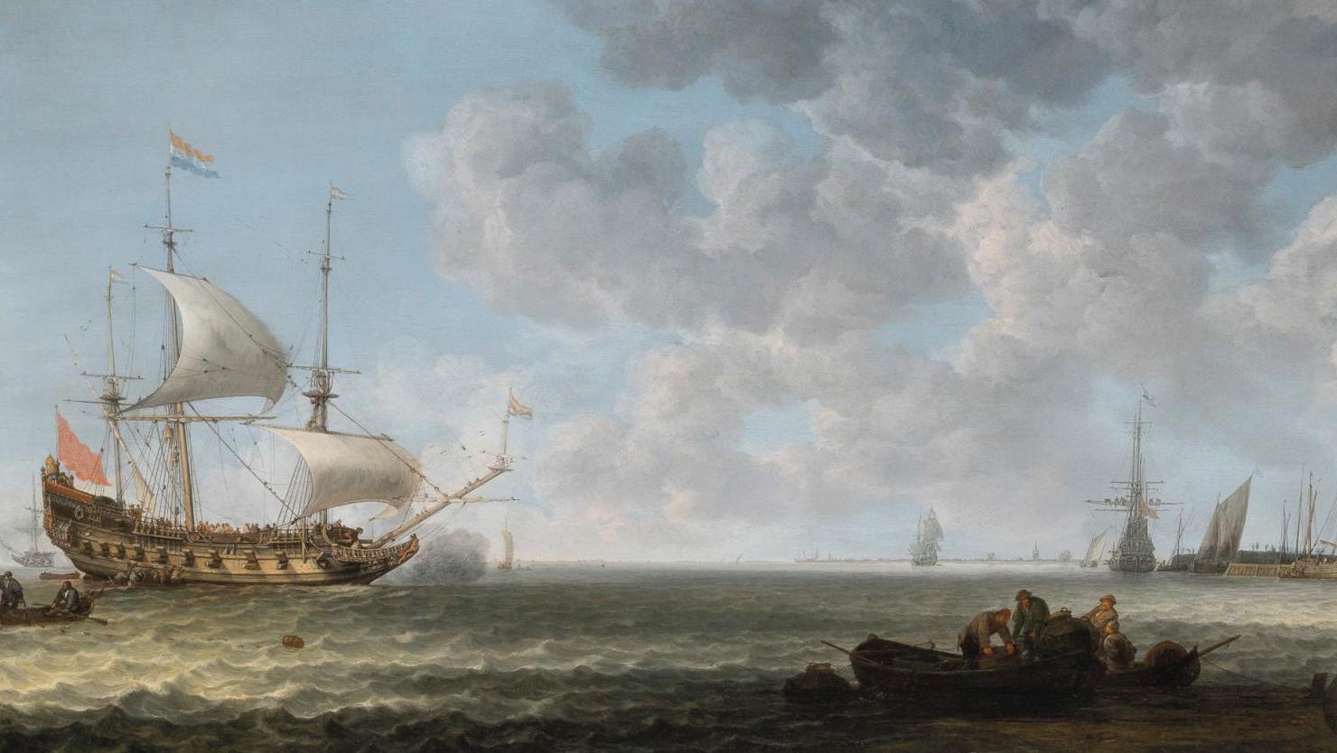 Simon Jacobsz de Vlieger (1601-1653), A Coastal Landscape with Dutch Frigates Exchanging... Success for Simon Jacobsz de Vlieger in New York