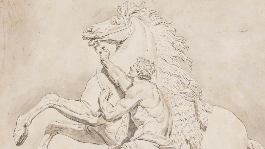 Johann Michael Baader (1736-1792), Cheval retenu par un palefrenier, vers 1785, plume,... Le cheval en son royaume à Marly