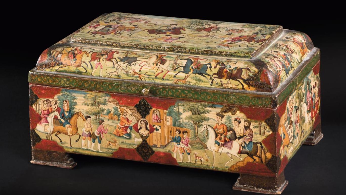 Iran, dynastie Qâjâr (1794-1925), XIXe siècle. Coffret quadripode en papier mâché...  Un coffret Qâjâr comme une bande dessinée de Nezâmî