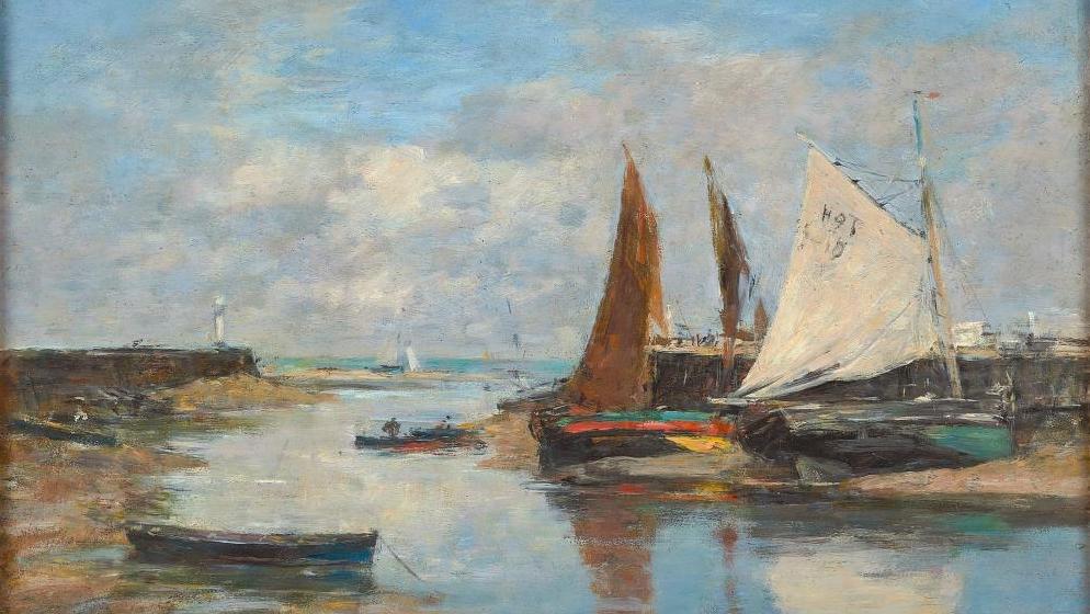 Eugène Boudin (1824-1898), Trouville, les jetées à marée basse, vers 1888-1895, huile... Eugène Boudin en trois tableaux 