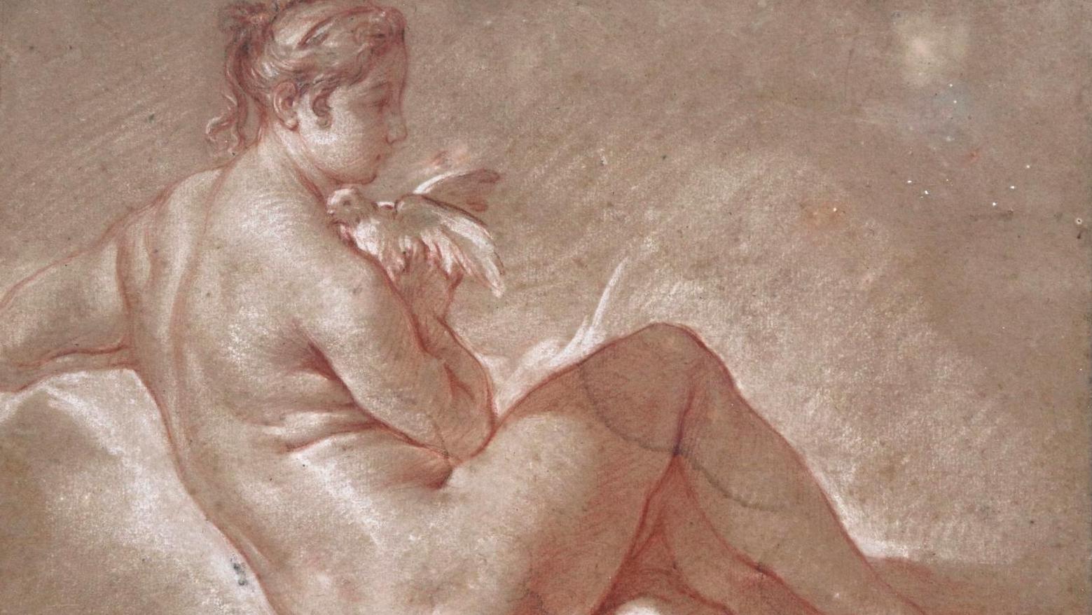 François Boucher (1703-1770), Femme à la colombe, sanguine, pierre noire et craie... Vénus à la colombe