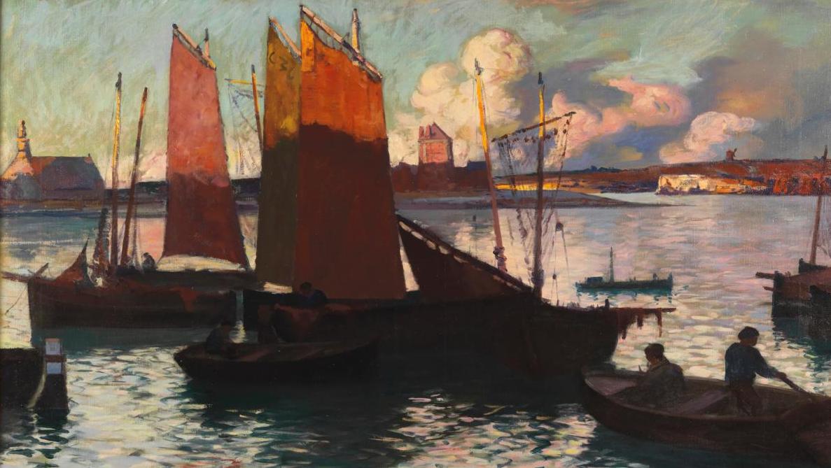 Charles Cottet (1863-1925), Les Voiles rouges à Camaret, huile sur toile, 70 x 100... Les paysages du Finistère de Charles Cottet