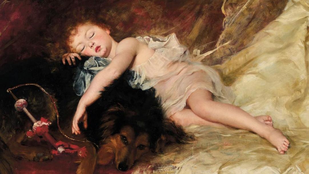 Antonia Bañuelos-Thorndike (1856-1921), Enfant endormi avec son chien, huile sur... Les souvenirs d’Antonia Bañuelos-Thorndike