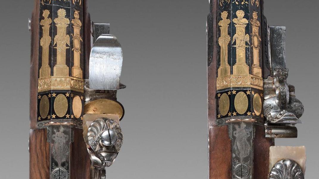 Louis-Marin Gosset (active in the early 19th century), case with green velvet-lined... Historic Pistols Linked with Napoleon's Attempted Suicide