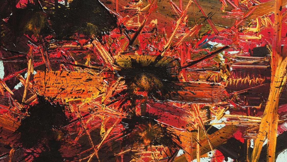 Georges Mathieu (1921-2012), Fleurs lasses, alkyde sur toile signée et titrée au... De la gestuelle de Mathieu au pop art d'Alain Jacquet