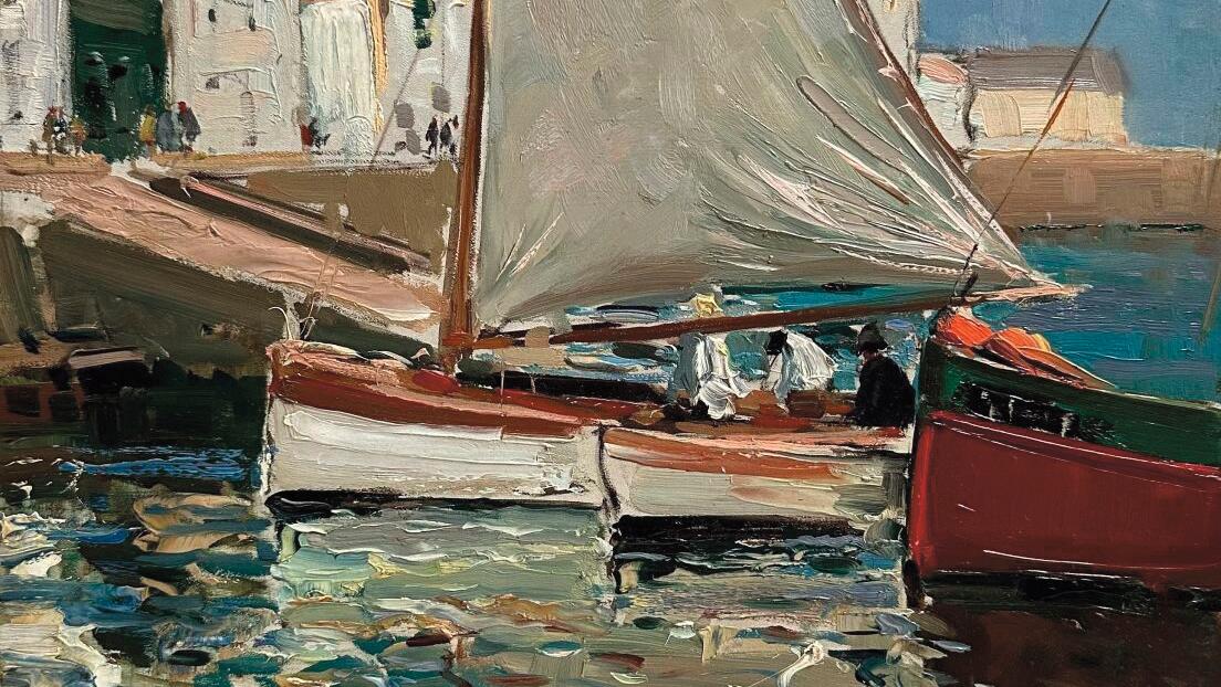 Paul Émile Lecomte (1877-1950), L’Ile d’Yeu, barques à Port Joinville, panneau signé,... Les Lecomte, une famille d’artistes sur les quais de l’Ouest
