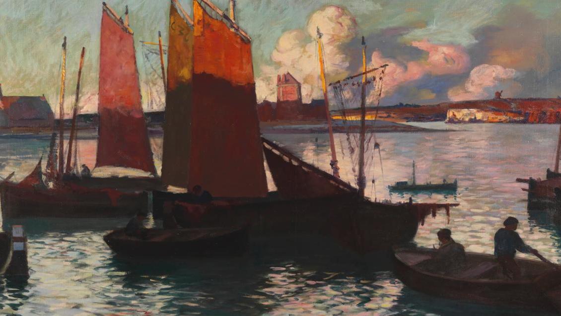 Charles Cottet (1863-1925), Les Voiles rouges à Camaret, huile sur toile, 70 x 100... Cottet, Méheut ou Henriot sous le charme de la Bretagne éternelle