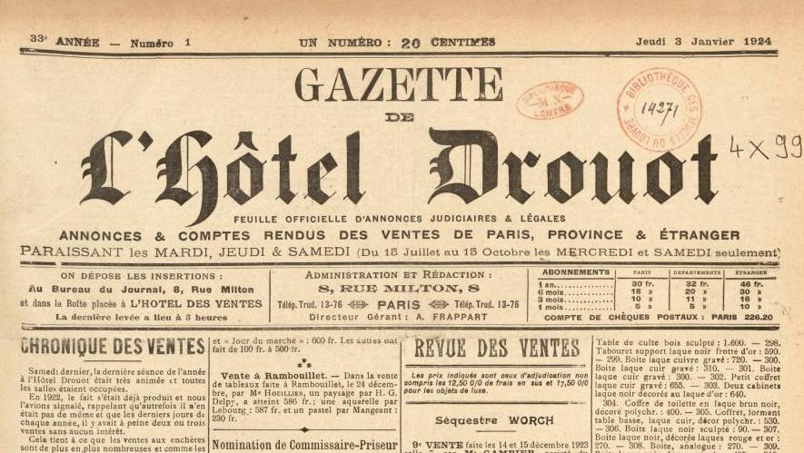 Page de une du premier numéro de la Gazette de l’hôtel Drouot pour l’année 1924. Année 1924, les ventes à Drouot dans une forme olympique !
