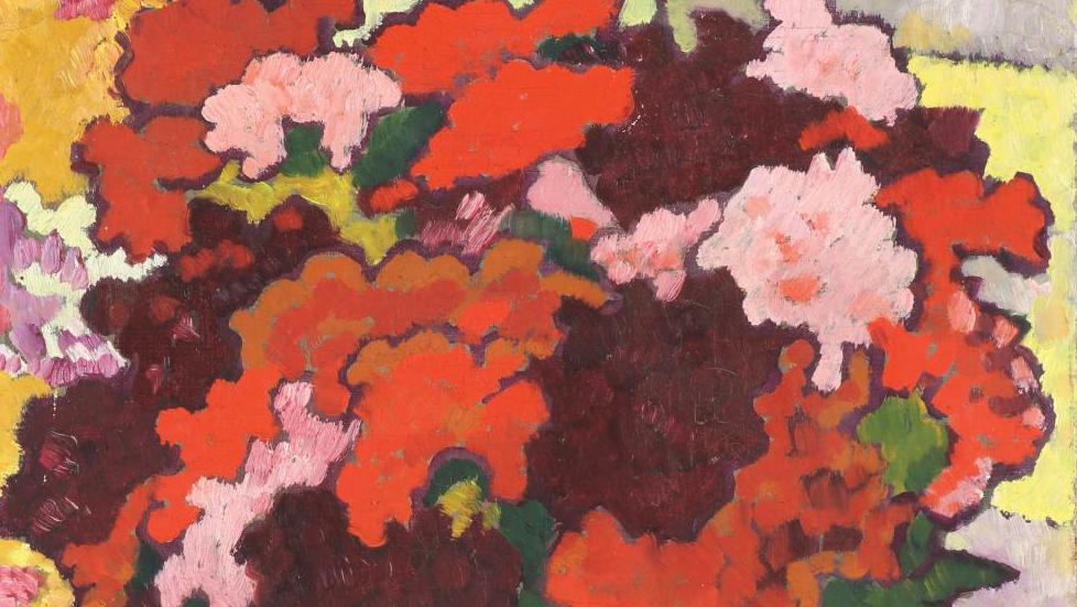 Louis Valtat (1869-1952), Bouquet au drapé jaune et mauve, huile sur toile, signée... Un bouquet de couleurs de Louis Valtat 