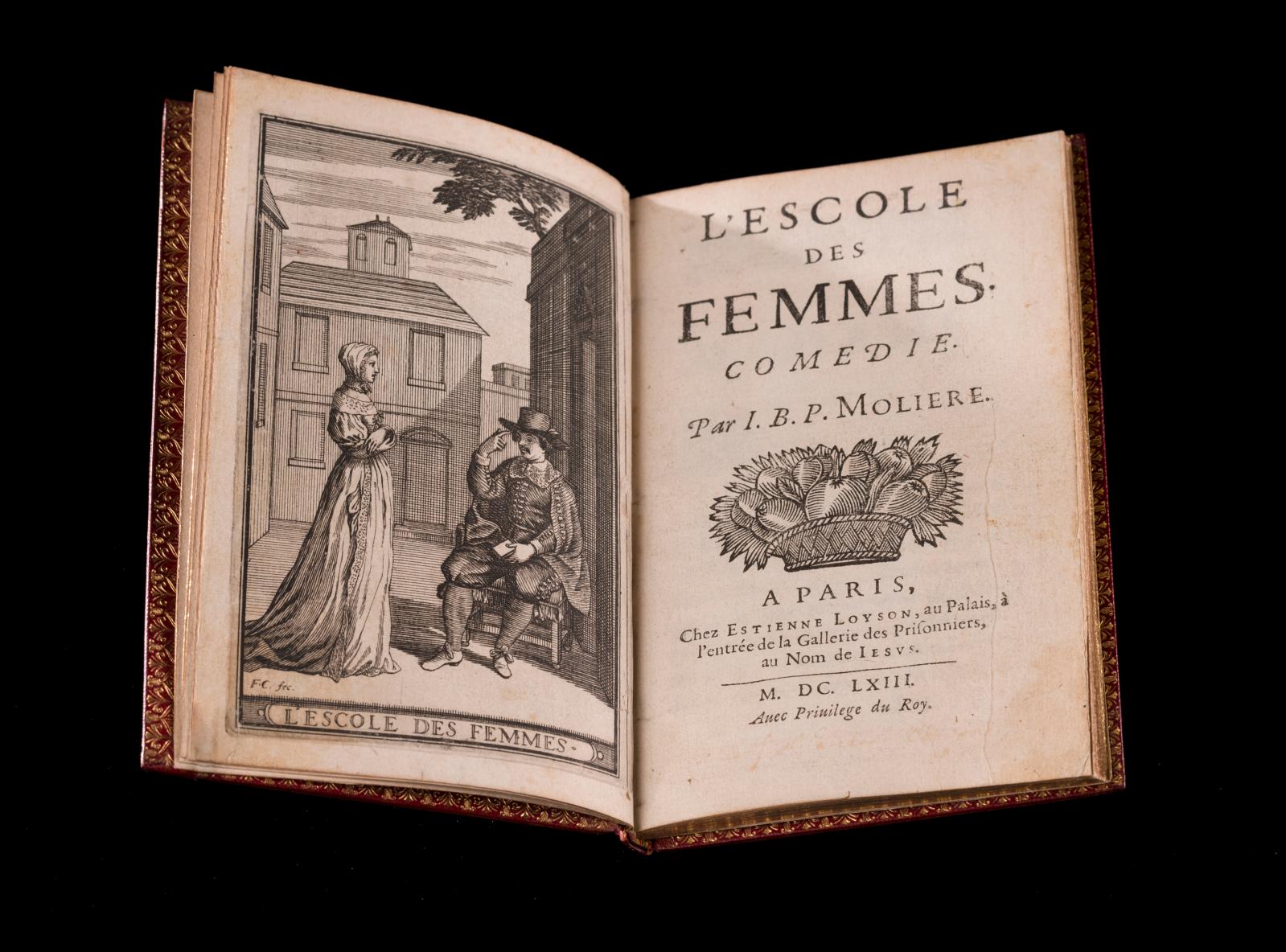 Molière (1622-1673), “L' Ecole des femmes”, comedy, 1663, Paris, red Jansenist morocco, late 19th century, gilt spine, small duodecimo format (147 x 9