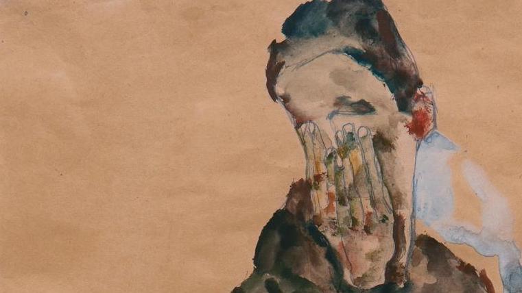 Egon Schiele (1890-1918), Femme debout se couvrant le visage avec ses deux mains,... La variété en ligne directrice