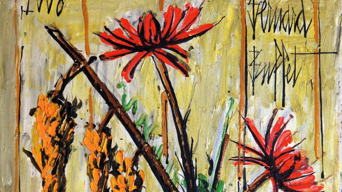 Bernard Buffet (1928-1999), Dahlias et cytises, huile sur toile, 1998, 73 x 54 cm.... En rouge et jaune