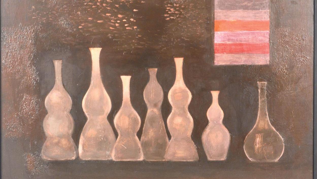 Jean Couy (1910-1983), 6 flacons + 1, huile sur toile, 1982, 92 x 73 cm. Estimation :... Atelier Jean Couy