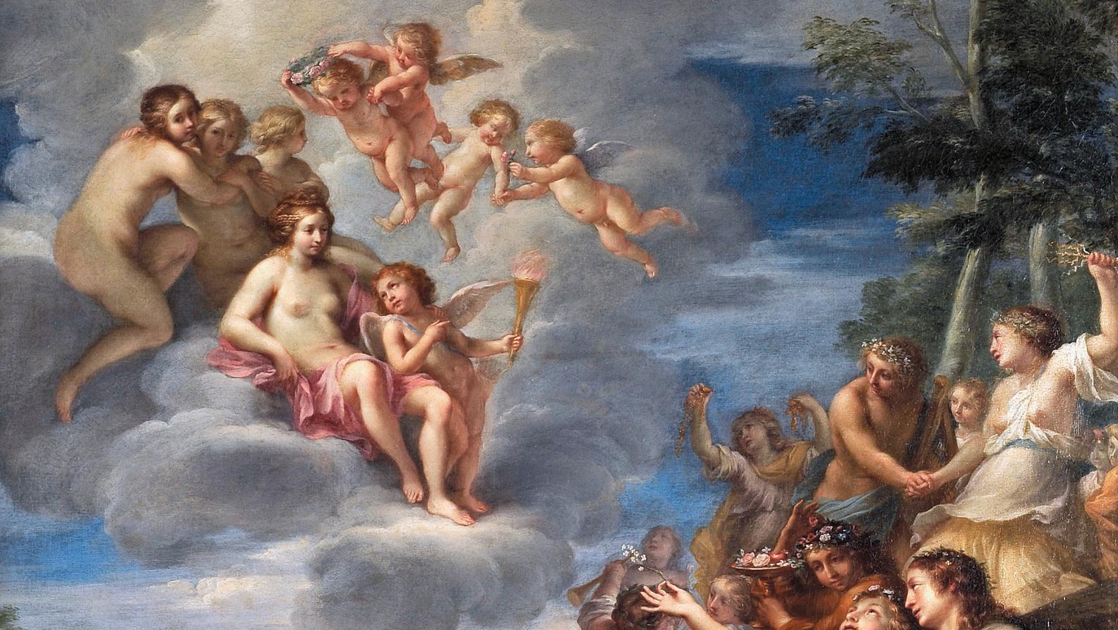 Attribué à Francesco Albani (1578-1660), Bacchus et Ariane, huile sur toile, 76 x 87,5 cm.... Bacchus et Ariane, ou les amoureux de Naxos