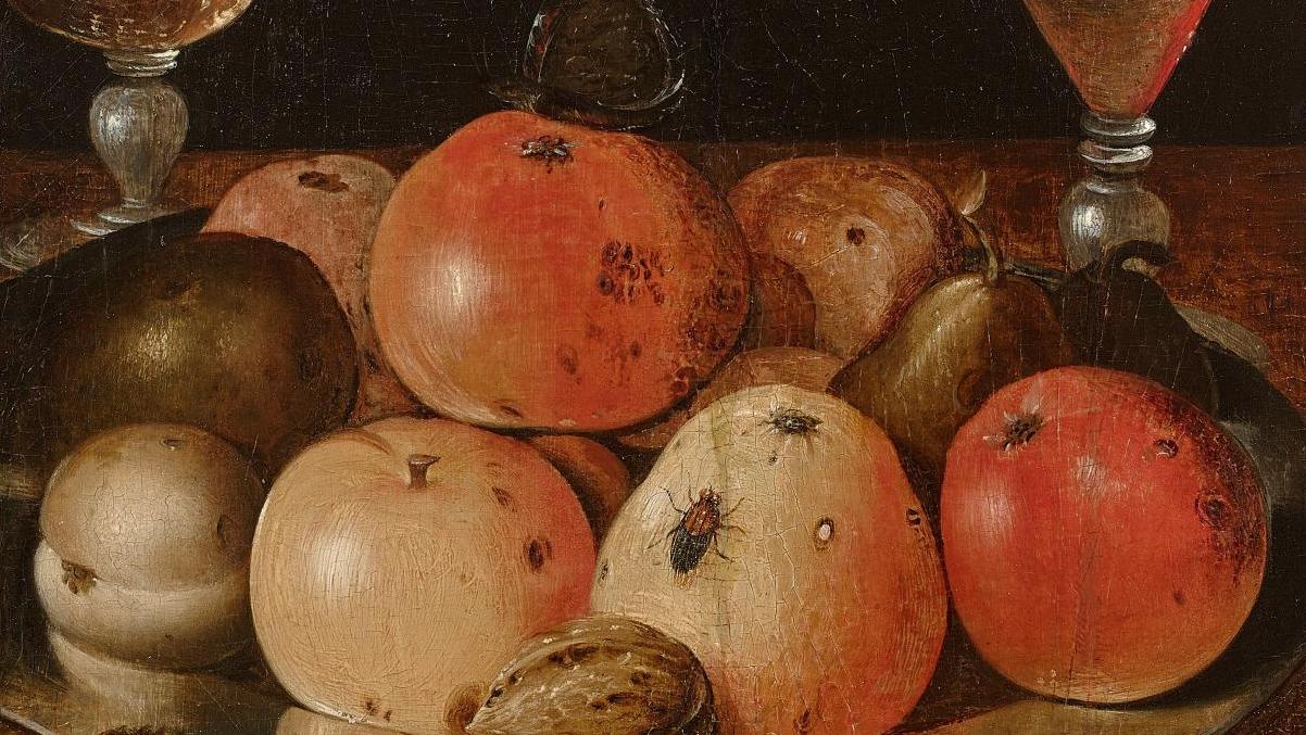 Attribué à Georg Flegel (1566-1638), Nature morte à l’assiette de fruits, aux verres,... Vanité ou nature morte