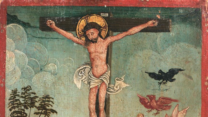 École du Haut-Rhin vers 1525, La Crucifixion avec des fous, panneau de mélèze, une... Crazy people enter Unterlinden