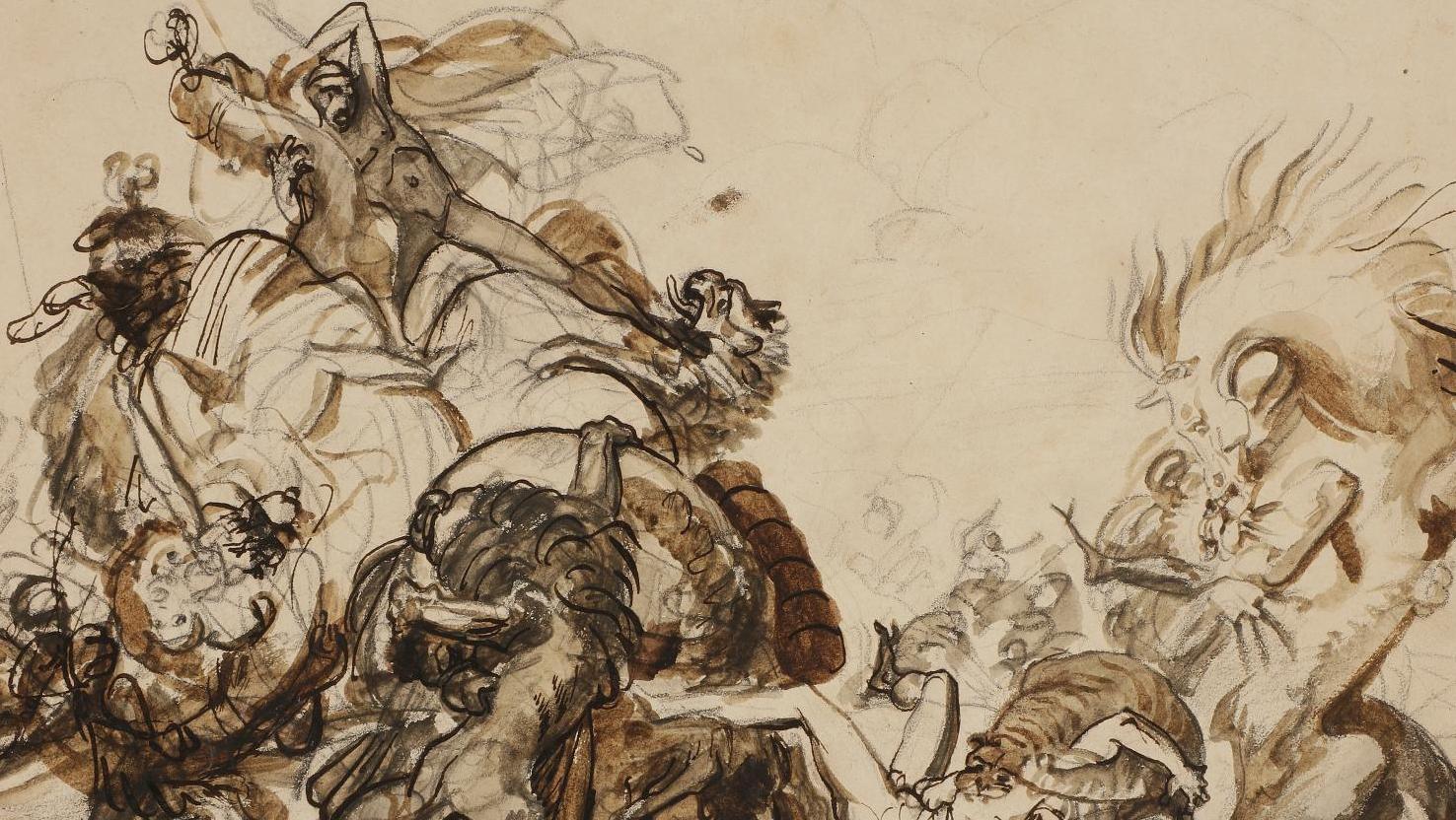 Antoine-Jean Gros, dit Baron Gros (1771-1835), Chasse aux lions, plume et encre brune... Antoine-Jean Gros dans la fosse aux lions