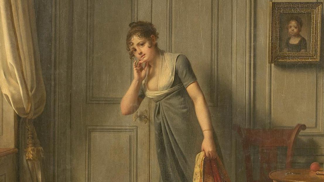 Martin Drölling (1752-1817), Jeune fille écoutant à la porte, 1804, panneau d’acajou,... La curiosité est un joli défaut