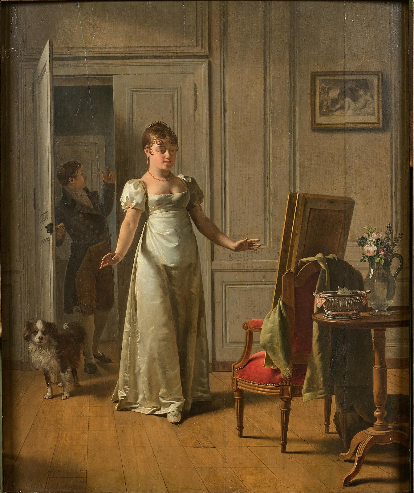 Martin Drölling (1752-1817), Une femme surprise, 1808, panneau d’acajou, 54 x 45 cm. Estimation : 40 000/60 000 €