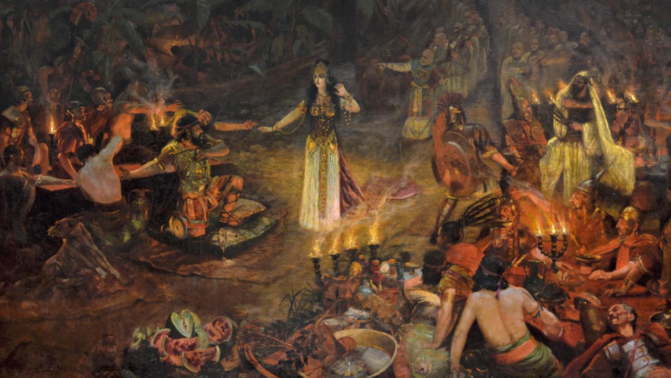 Antoine Druet (1857-1921), Salammbô au festin des mercenaires, toile, 195 x 296 cm.... Un orientalisme romantique
