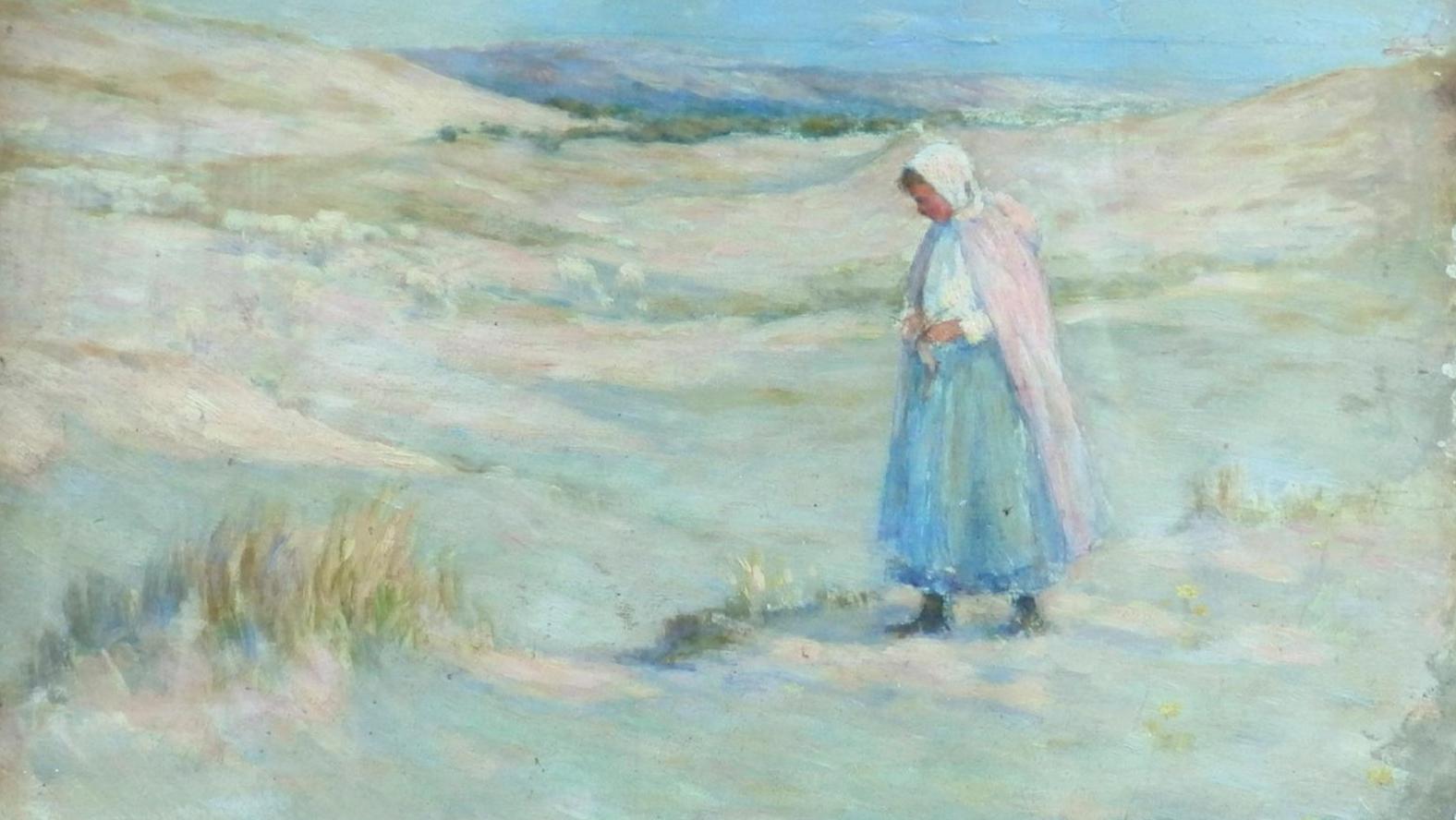 Henri Le Sidaner (1862-1939), Paysanne dans un champ, huile sur panneau, 1889, 22,5 x 33,5 cm.... Paysage intimiste du Nord