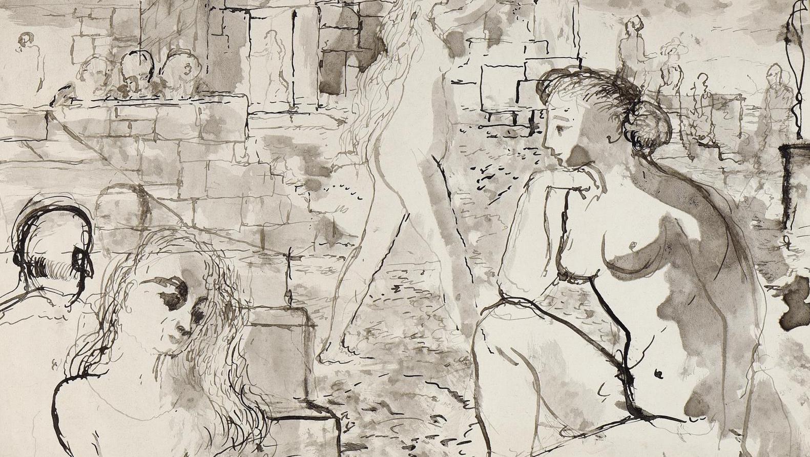 Paul Delvaux (1897-1994), Femmes et ruines, 1942, lavis, 23,8 x 33 cm. Adjugé : ... Femmes de Yuliang et Delvaux, saphir et vues de Venise