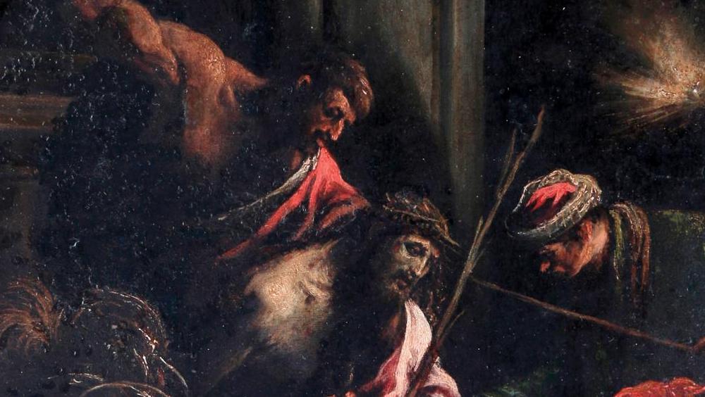 Attribué à Jacopo Bassano (1510/1515-1592), Le Christ aux outrages, cuivre, 31 x 25,5 cm.... Valeurs sûres de la peinture, de Bassano à Bonvin