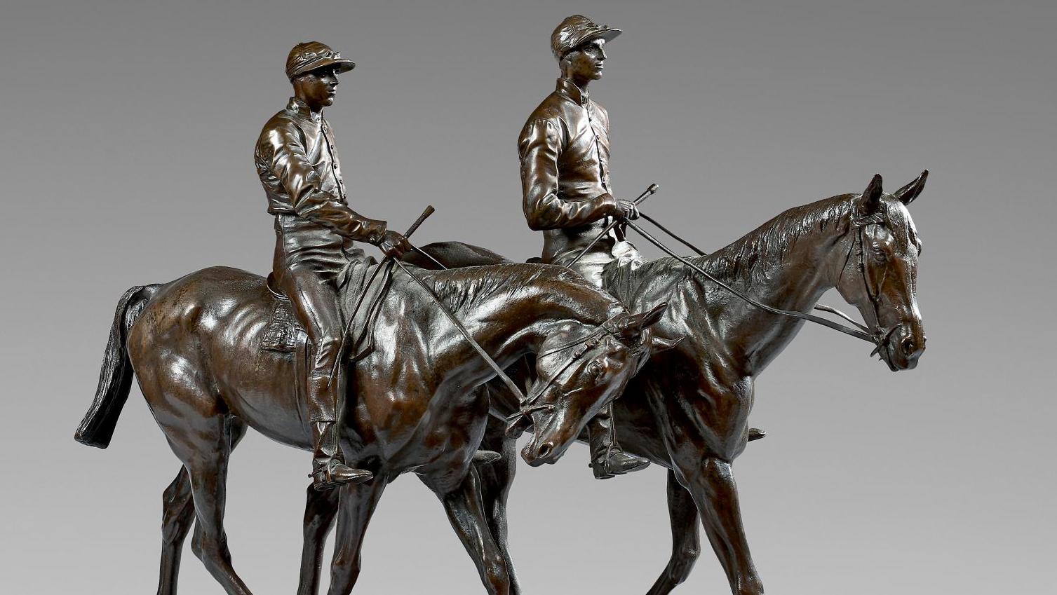 Emmanuel Frémiet (1824-1910), Deux chevaux de course montés par leurs jockeys, épreuve... Tiercé gagnant