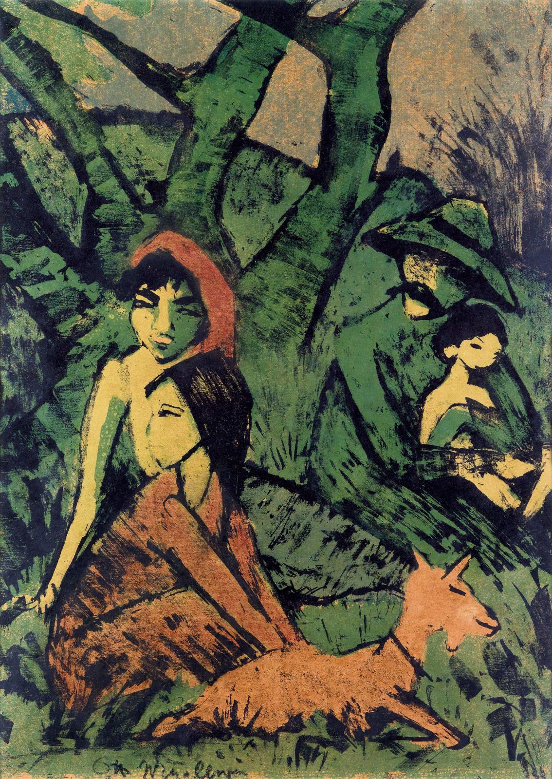 Otto Mueller, Lagernde Zigeunerfamilie mit Ziege (Famille tsigane dans un campement avec chèvre), 1926-1927, lithographie en couleurs sur papier vélin