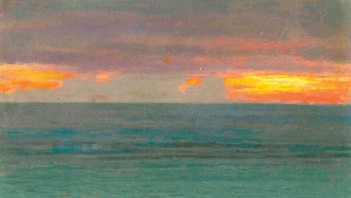 21 760 €William Blair Bruce (1859-1906), Coucher de soleil sur la mer, 1905, huile... Cote : le coucher de soleil