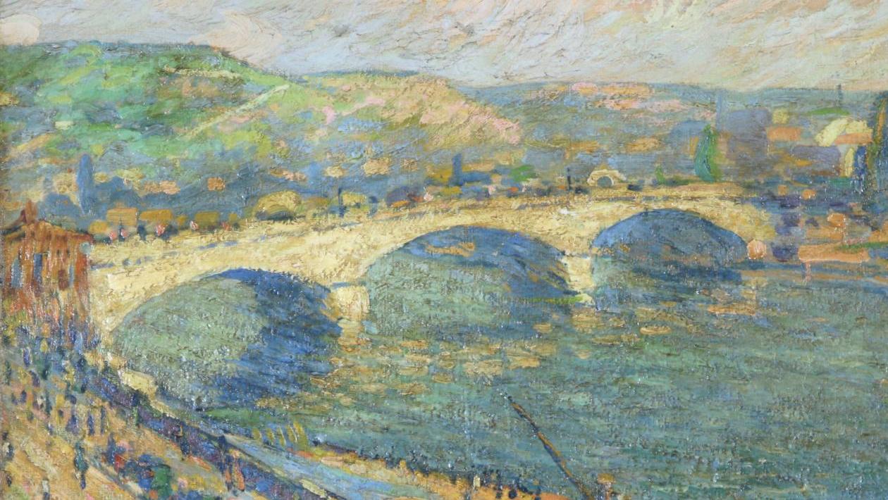 Robert Pinchon (1886-1943), Le Pont Corneille (de la série «1908»), huile sur toile,... Vue impressionniste  sur Rouen