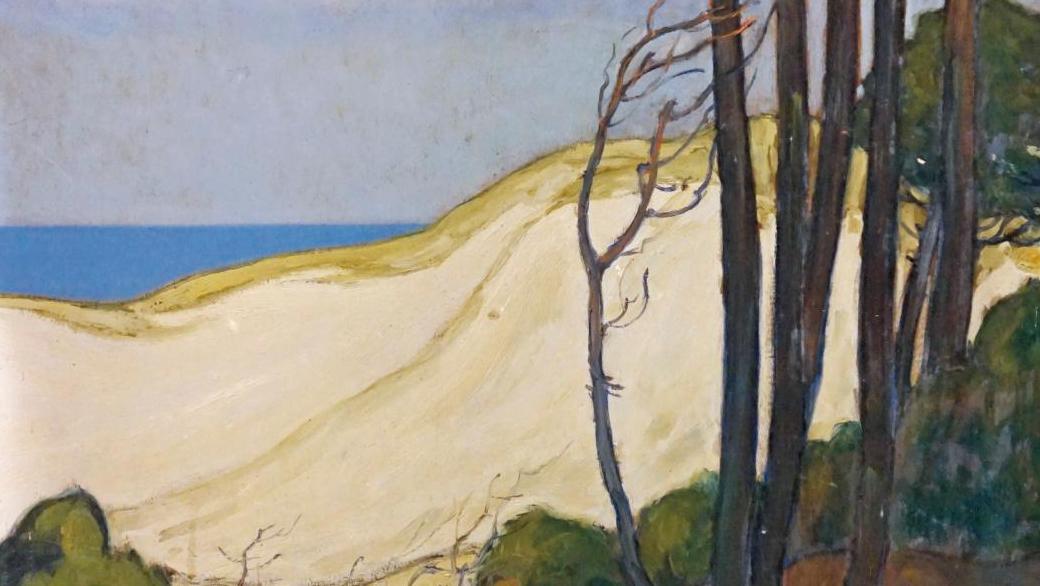 Jean-Roger Sourgen (1883-1978), Pins sur la dune, huile sur contreplaqué, 139 x 88 cm... Dune et pins dans les Landes