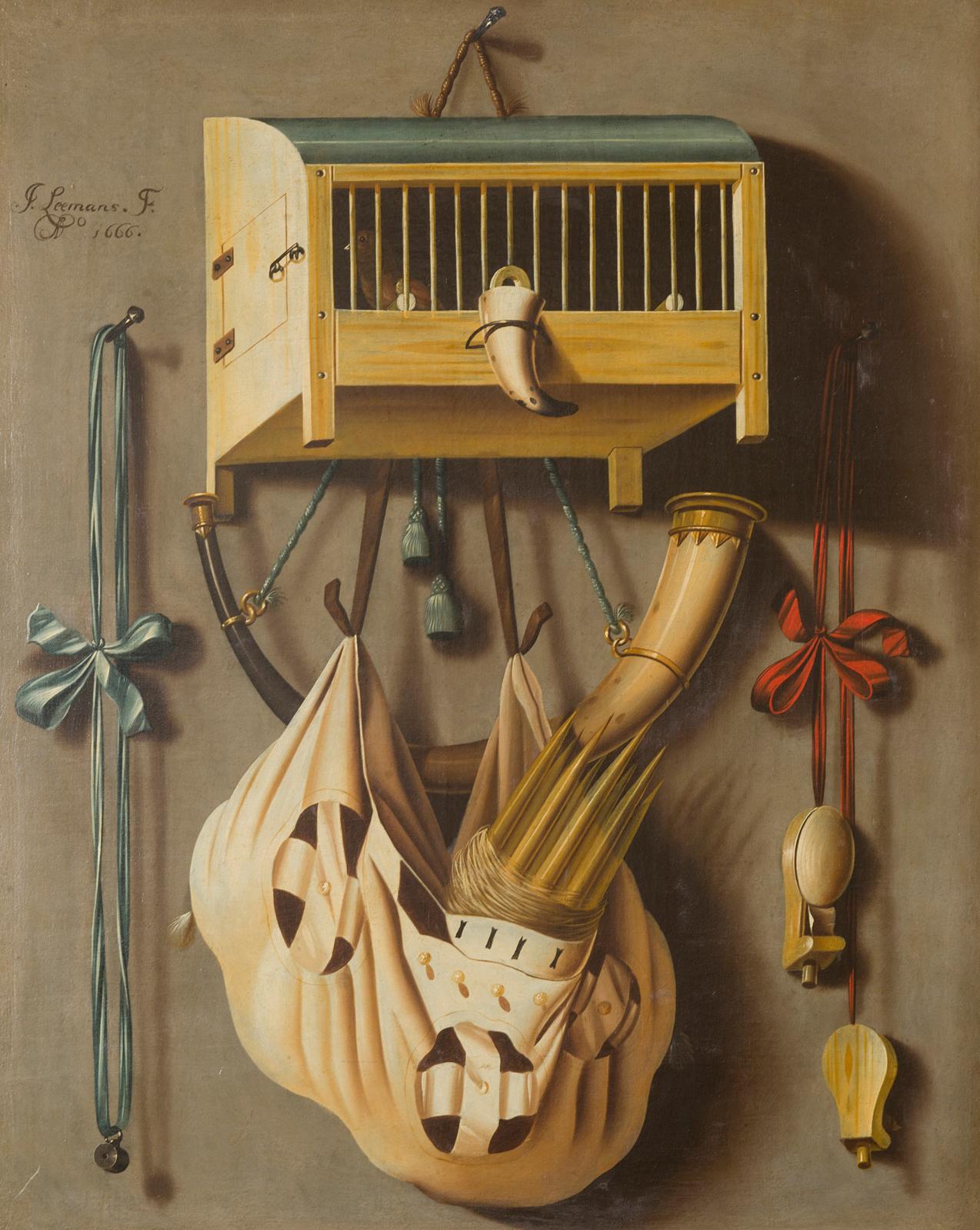 Johannes Leemans (1633-1688) se spécialisa dans les trompe-l’œil de chasse pour une clientèle bourgeoise, déclinant les trompes, les poires à poudre, 