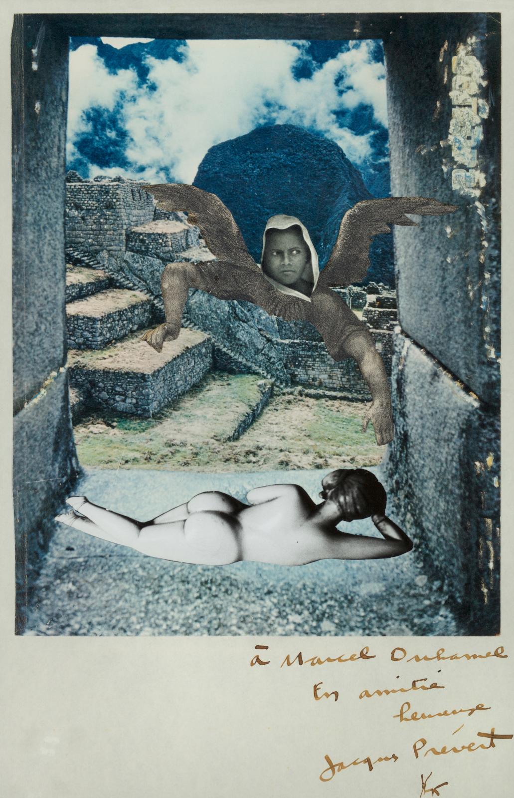 Jacques Prévert (1900-1977), collage original dédicacé à Marcel Duhamel (1900-1977), 36,5 x 23 cm. Adjugé : 7 084 € 