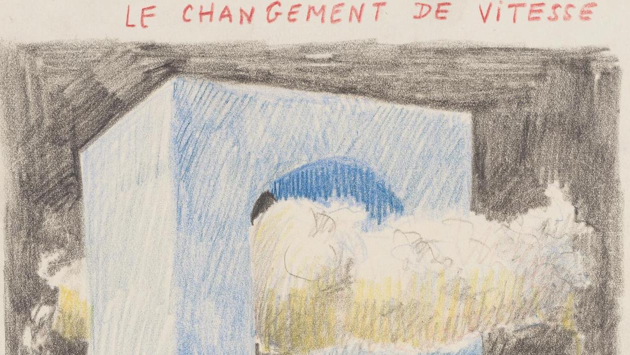 René Magritte (1898-1967), Le Changement de vitesse, 1951, crayon de couleur sur... Un dessin de Magritte pour la revue Vendredi