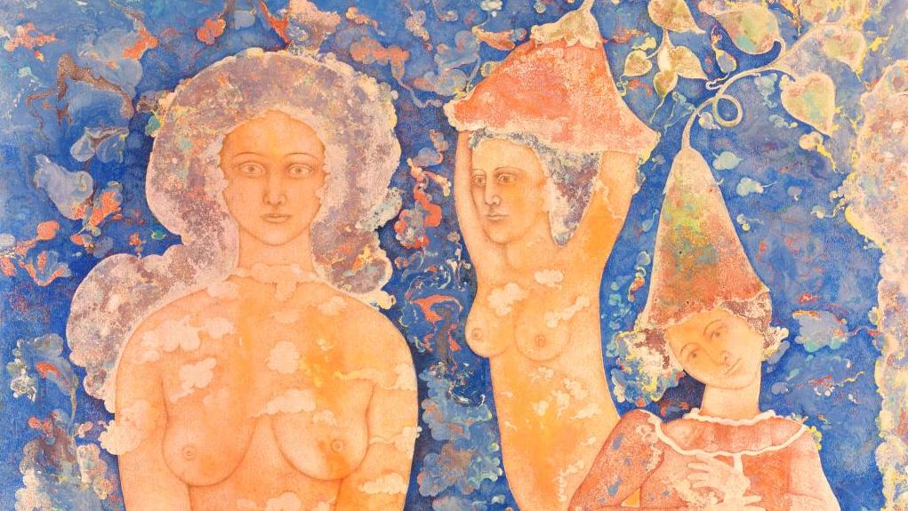 Sakti Burman (né en 1935), Monde de rêve, vers 1980, huile sur toile, 116 x 89 cm.... Le monde rêvé de Sakti Burman