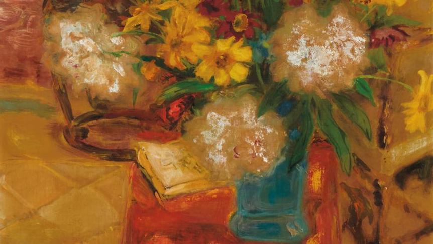 Lé Phô (1907-2001), Composition florale, encre et couleurs sur soie marouflée sur... Towards a warm, colorful exuberance