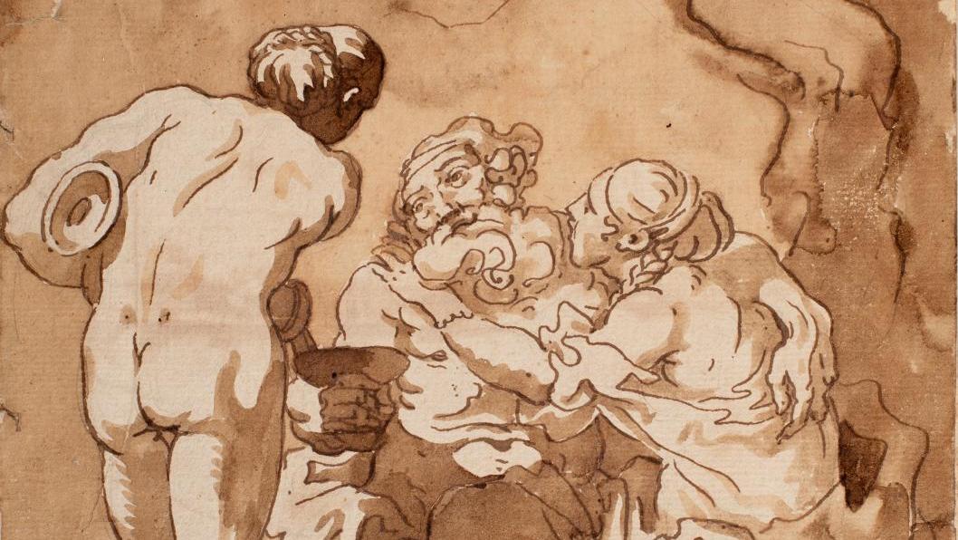 Charles François de la Traverse (1726-1787), “Loth and His Daughters”, 1760, brown... A Virtually Polyglot Salon du Dessin 