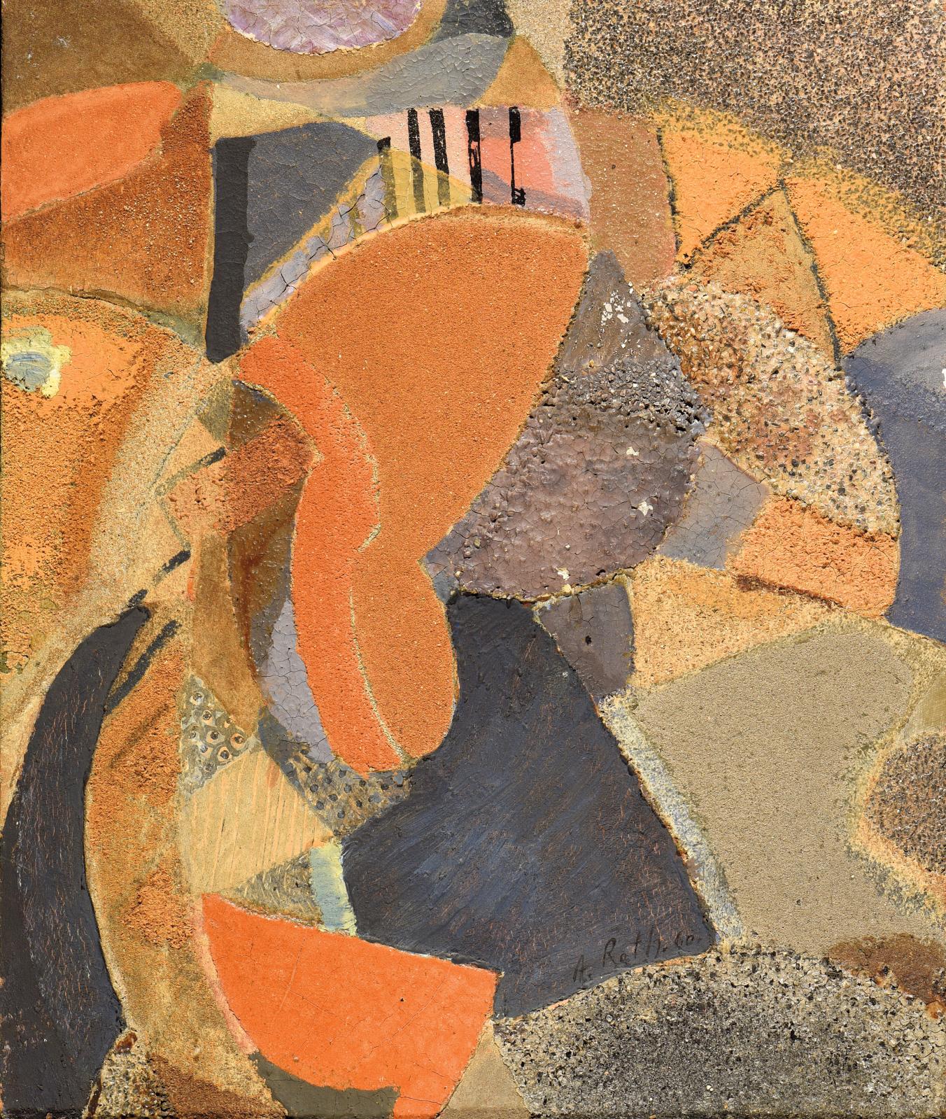 Cette composition à l’huile, sable et collage sur panneau illustre la fin de la carrière d’Alfred Reith (1884-1966). Datée 1959, cette Harmonie de mat