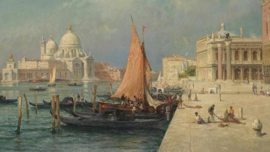 Raphaël Luc Ponson (1835-1904), Gondoles à Venise, huile sur toile, 98,5 x 154 cm.... Venise dans les pas de Ponson