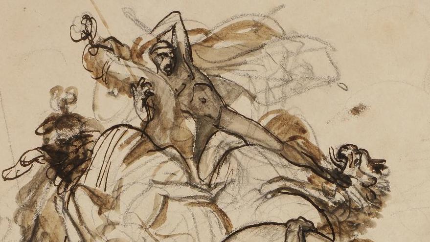 Antoine-Jean Gros, dit Baron Gros (1771-1835), Chasse aux lions, plume et encre brune... Le dessin à Drouot : une semaine enlevée ! Sous le regard d’un singe, les œuvres anciennes prenaient le large