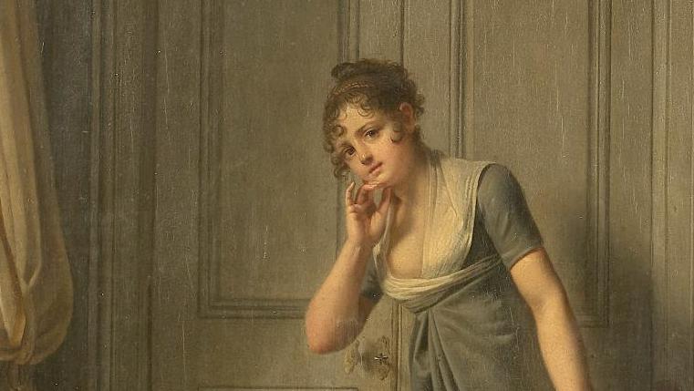 Martin Drölling (1752-1817), Jeune fille écoutant à la porte, 1804, panneau d’acajou,... Record mondial pour Drölling 