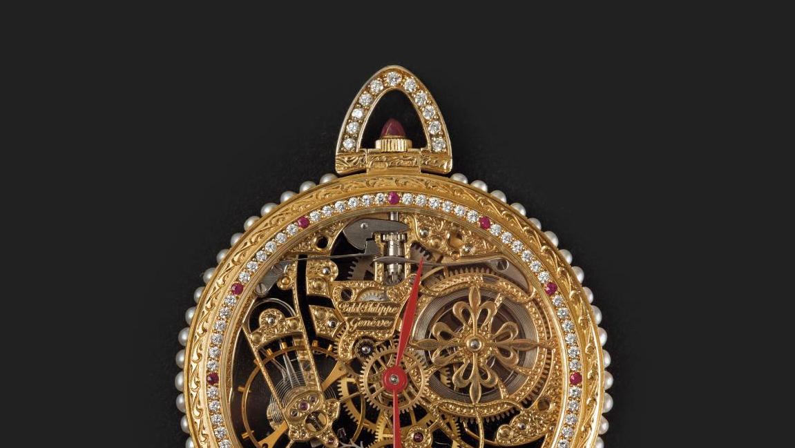 Patek Philippe, Genève, montre de gousset en or jaune (750) 18 ct, cerclée de demi-perles... En majesté, une montre Patek et un célèbre aurige